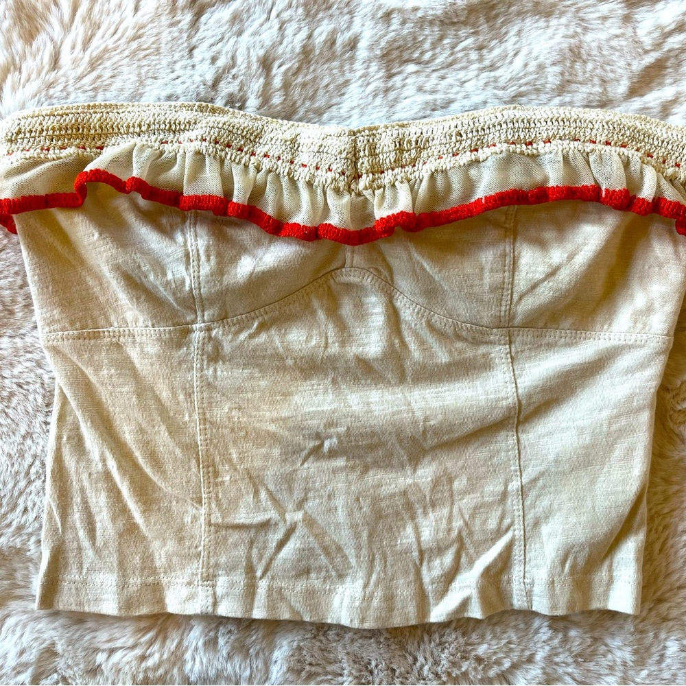 Free People Cream Strapless Ruffle-Trim Top with Red Accent